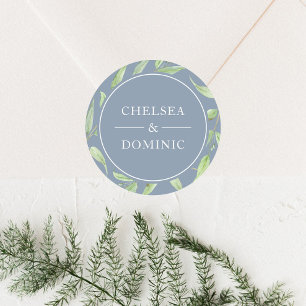 Elegantes Dusty Blue Botanical Wedding Label Runder Aufkleber
