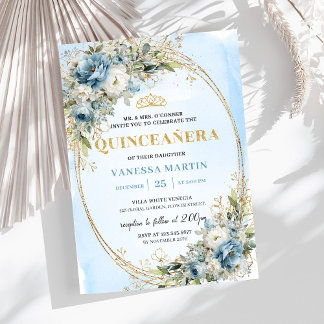 Elegantes Dusty Blue Gold Grün 15 Geburtstag Einladung