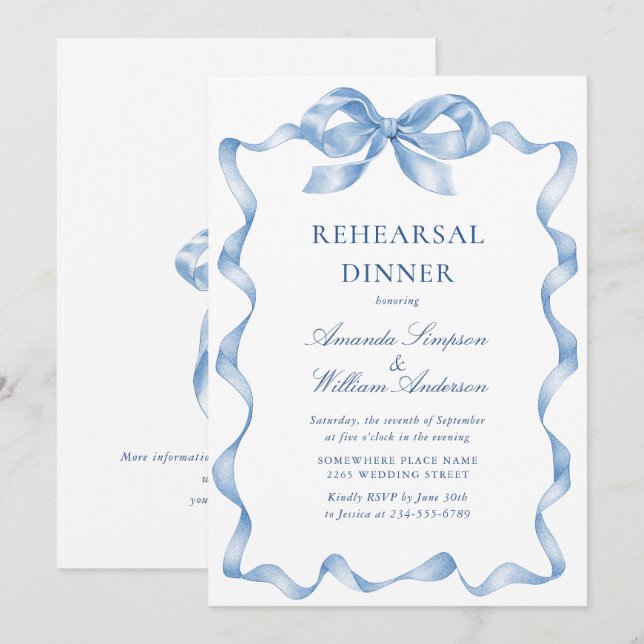 Elegantes Dusty Blue Hand Drawn Bow Probe Dinner Einladung (Vorne/Hinten)
