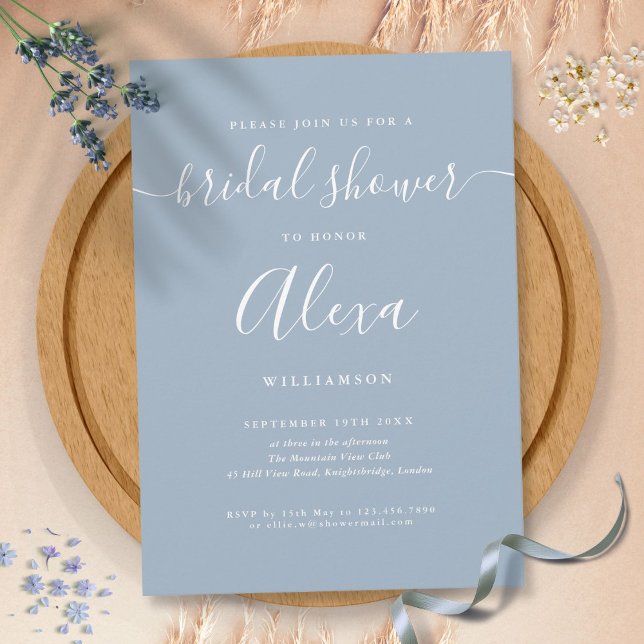 Elegantes Dusty Blue Signature Brautparty Einladung (Elegant Dusty Blue Signature Bridal Shower Invitation)