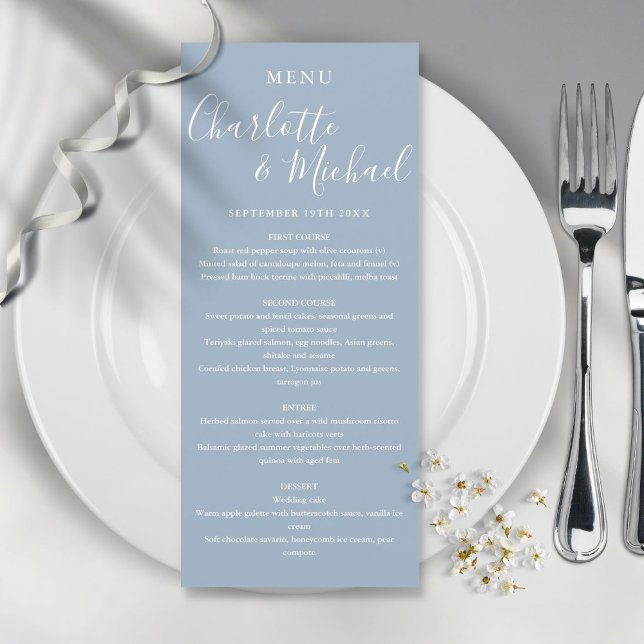 Elegantes Dusty Blue Signature Wedding Menu Menükarte (Von Creator hochgeladen)
