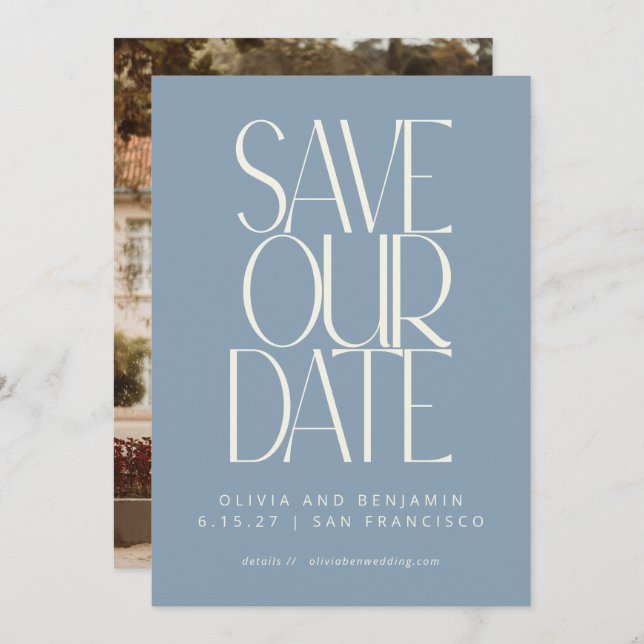 Elegantes Dusty Blue Simple Modern Trendy Foto Save The Date (Vorne/Hinten)