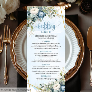 Elegantes Dusty Blue White Gold Floral Wedding Men Menükarte