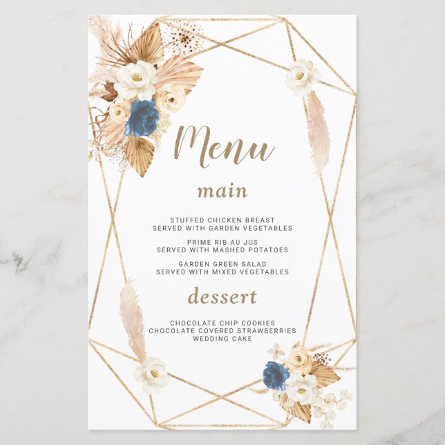 Elegantes Dusty Blue White Peach Rose Hochzeitmenü (Vorderseite)