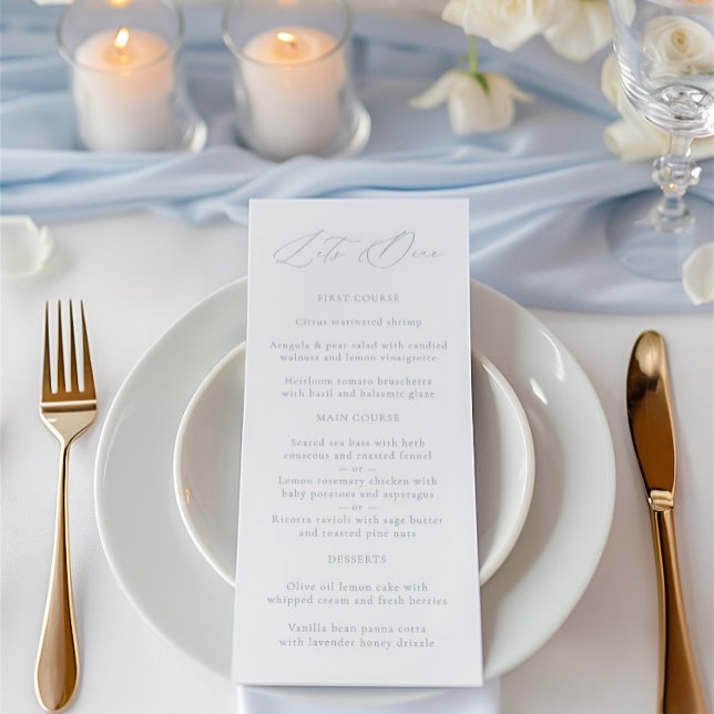 Elegantes Dusty Blue & White Wedding Menu Menükarte (Elegant Dusty Blue & White Wedding Menu)