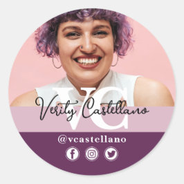 Elegantes Dusty Mauve Script Name & Custom Foto Runder Aufkleber