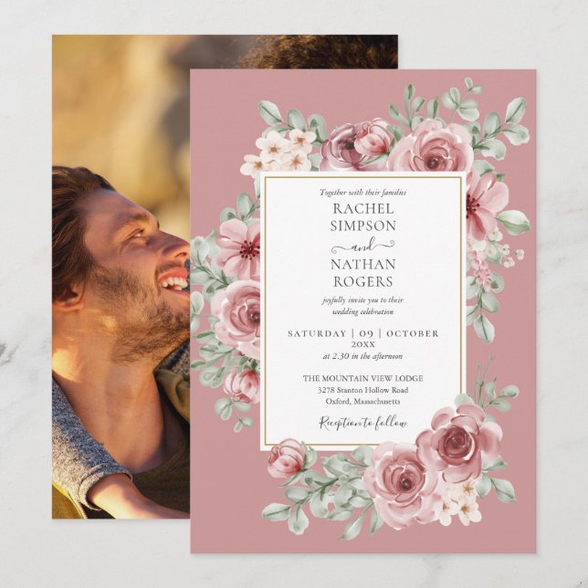 Elegantes Dusty Rose Floral Gold Wedding Foto Einladung (Vorne/Hinten)