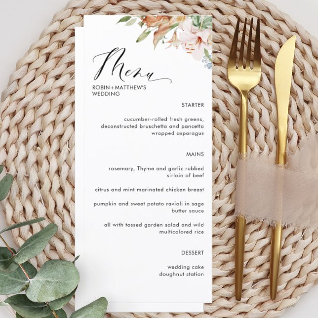 Elegantes "Earthy Blooms" und "White Wedding Menu" Menükarte (Von Creator hochgeladen)