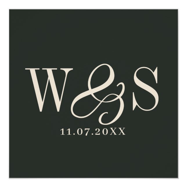 Elegantes Ebony-Paar-Initialen Hochzeit Poster (Vorderseite)