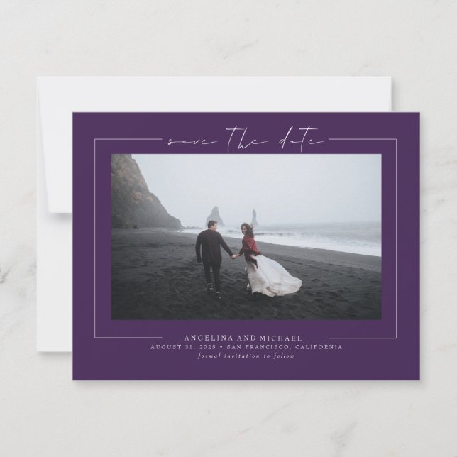 Elegantes Eggplant Lila Save the Date Foto (Vorderseite)