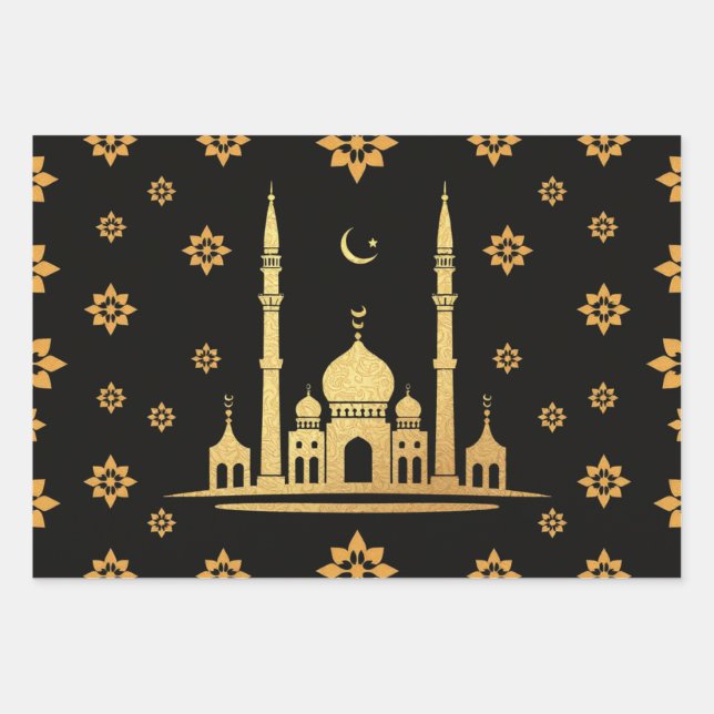 Elegantes Eid Wrapping Paper - Schwarz und Gold Geschenkpapier Set (Vorderseite 3)