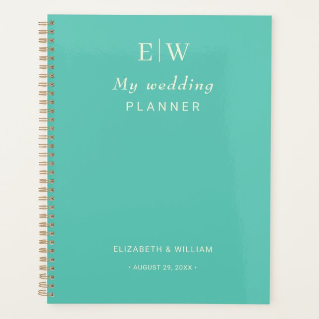 Elegantes einfaches Aquatic Awe mit Monogram Weddi Planer (Vorderseite)