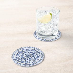 Elegantes einfaches Blau-Weiß-Blumen-Chinoiserie-S Runder Pappuntersetzer