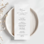 Elegantes einfaches Calligrafy Dinner Menü Menükarte<br><div class="desc">Diese elegante,  einfache Kalligraphie-Dinner-Karte ist perfekt für eine rustikale Hochzeit. Das einfache und elegante Design zeichnet sich durch klassische und extravagante Schriftzeichen in Schwarz und Weiß aus. Dieses Menü kann für Hochzeitsempfang,  Probe Dinner,  Brautparty oder jede Veranstaltung verwendet werden.</div>