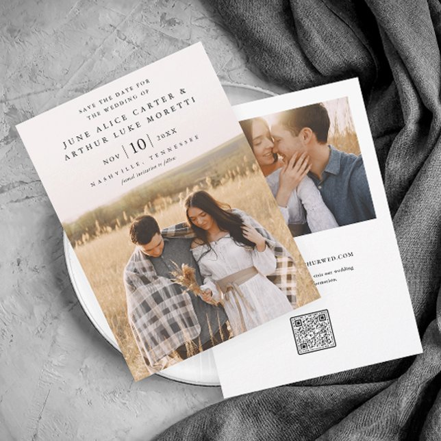 Elegantes einfaches Foto Hochzeit speichern Sie da Einladung (Simple Elegant Photo Wedding Save the Date Card with QR Code.)