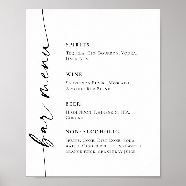 Elegantes einfaches Minimalistisches Bar Menu Hoch Poster (Vorne)