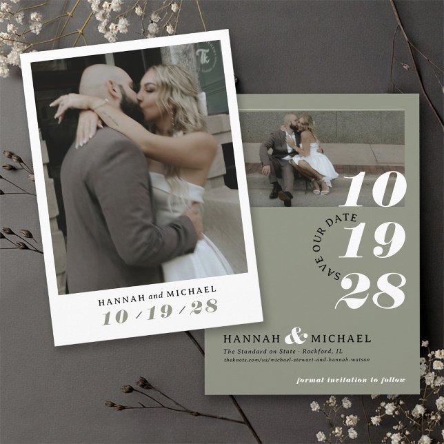 Elegantes Einfaches Modern Sage Green 2 Foto Hochz Save The Date (Sage green, black and white photo simple elegant modern minimalist wedding invitation save the date)
