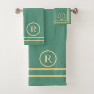 Elegantes einfaches, raffiniertes Green-Gold-Monog Badhandtuch Set