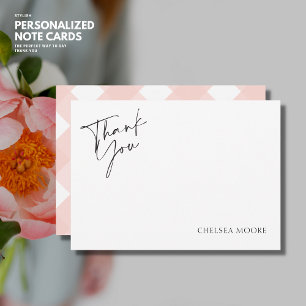Elegantes einfaches rosa Monogramm Gingham Dankesc Dankeskarte