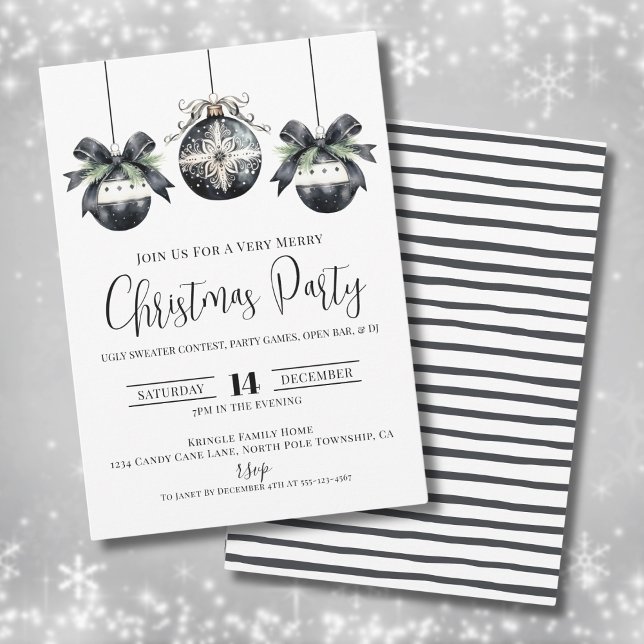 Elegantes Einfaches Schwarz-weißes Party Einladung (Elegant Simple Black White Christmas Party Invitation)