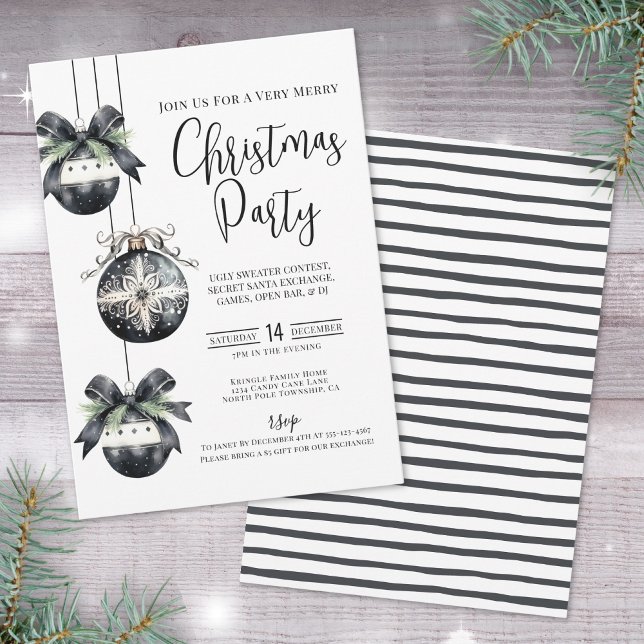 Elegantes Einfaches Schwarz-weißes Party Einladung (Elegant Simple Black White Christmas Party Invitat Invitation)