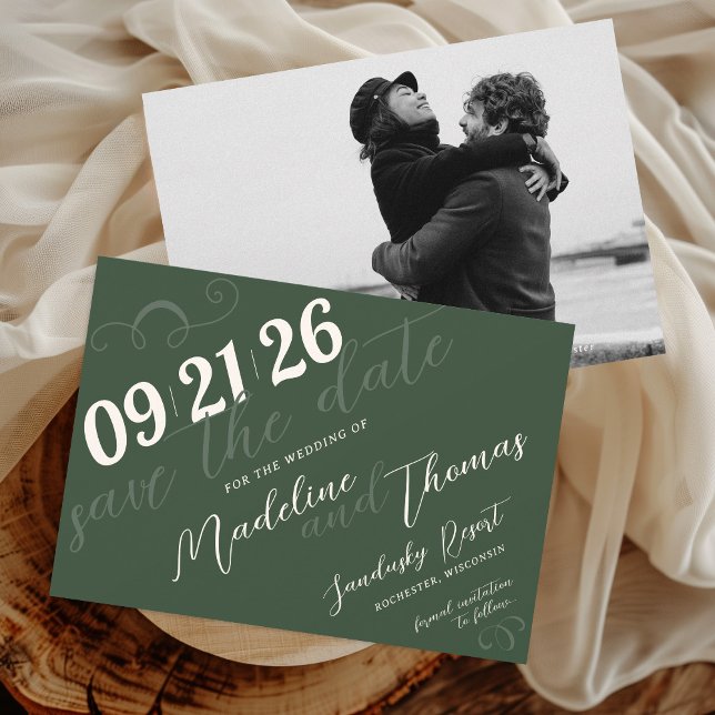 Elegantes einfaches Script-Sage Grünes Foto Hochze Save The Date (Elegant simple modern swirl slant script dark sage olive green classic photo wedding save the date)
