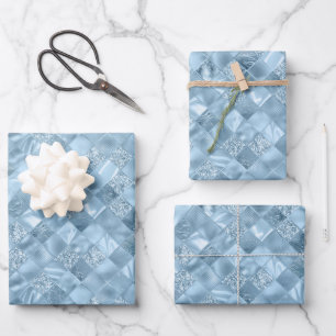 elegantes, eisblaues Kachelmuster Weihnachten Geschenkpapier Set