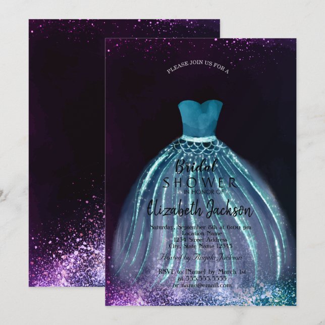 Elegantes, elegantes blaues Kleid, Brautparty Einladung (Vorne/Hinten)