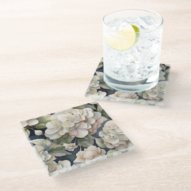 Elegantes Elfenbein, rosa grüne Marine, Aquarellbl Glasuntersetzer (Schrägansicht)