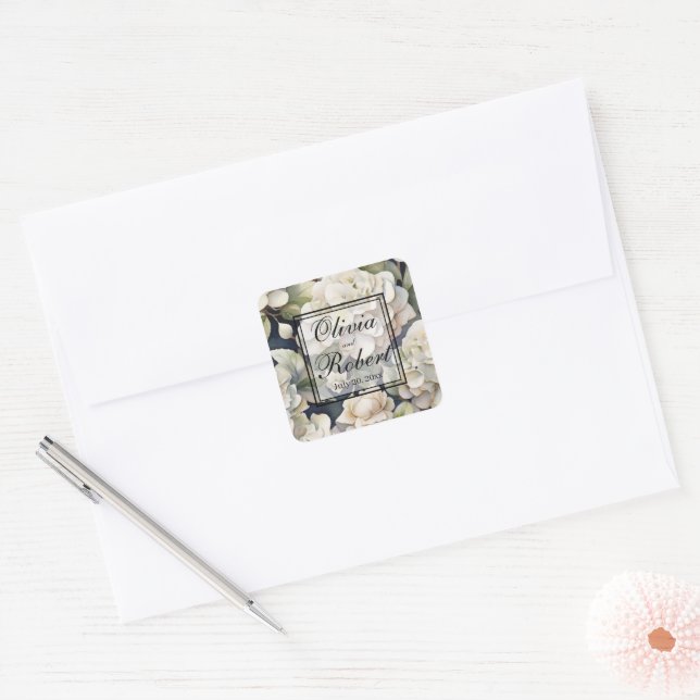 Elegantes Elfenbein, rosa grüne Marine, Aquarellbl Quadratischer Aufkleber (Umschlag)