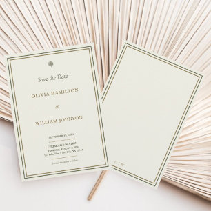 Elegantes Elfenbein und Gold mit grüner Umrandung Save The Date