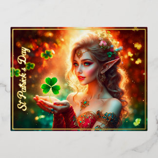 Elegantes Elfmädchen St Patrick's Day Blumensonne Folien Feiertagspostkarte