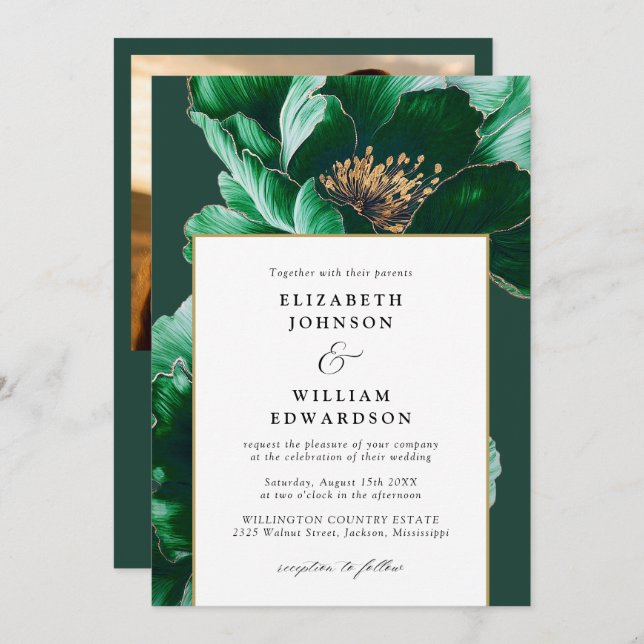 Elegantes Emerald Gold Floral Foto QR Code Wedding Einladung (Vorne/Hinten)