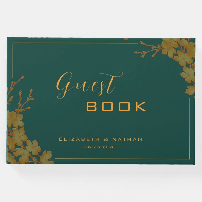 Elegantes Emerald Green & Gold Floral Guestbook Gästebuch (Vorderseite)