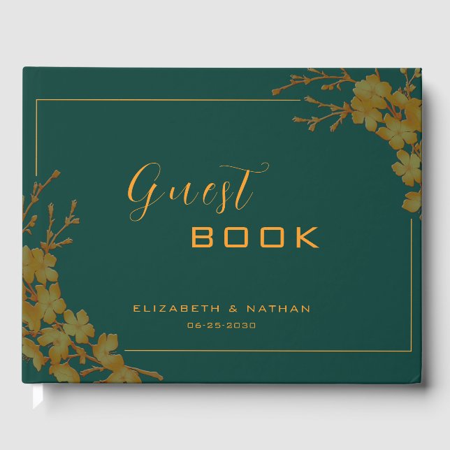 Elegantes Emerald Green & Gold Floral Guestbook Gästebuch (Vorderseite)