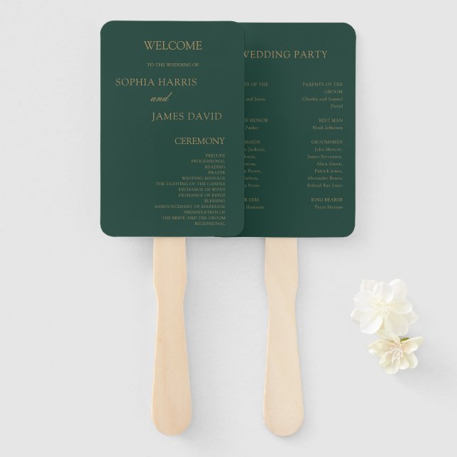 Elegantes Emerald Green Gold Minimal Wedding Progr Fächer (Vorne und Hinten)