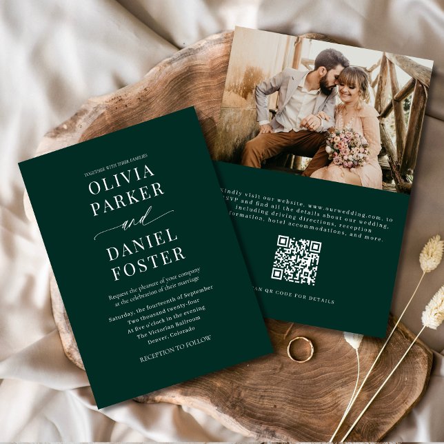 Elegantes Emerald Green QR Code Foto Hochzeit Einladung (Von Creator hochgeladen)