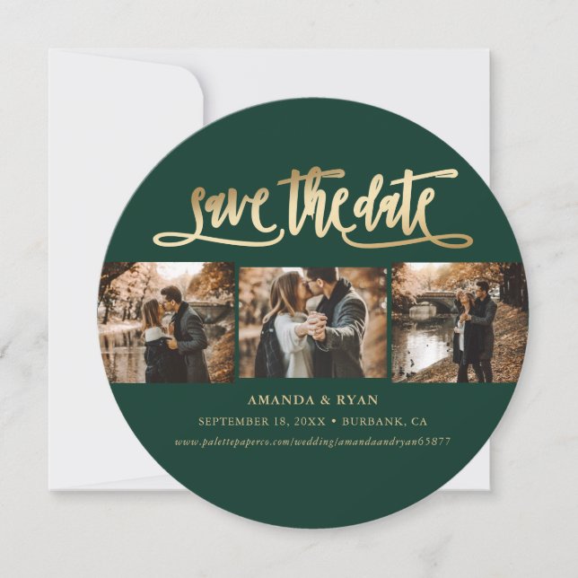 Elegantes Emerald Green und Gold Wedding Foto Save The Date (Vorderseite)