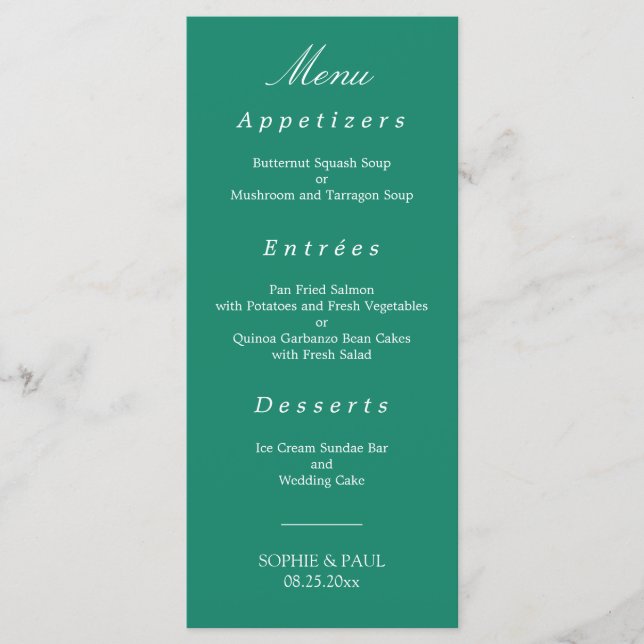 Elegantes Emerald Green Wedding Menu Menükarte (Vorderseite)