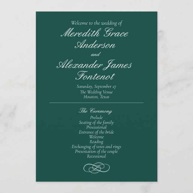 Elegantes Emerald Green Wedding Program Programm (Vorderseite)
