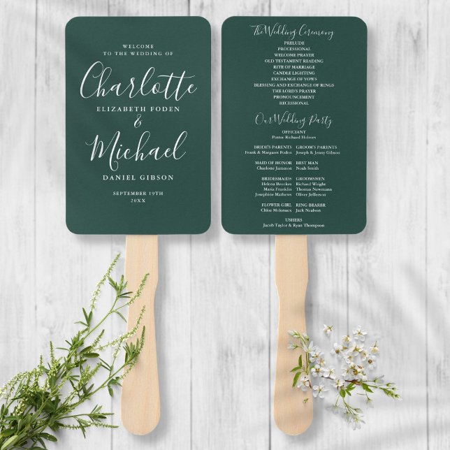 Elegantes Emerald Modern Script Wedding Program Fächer (Von Creator hochgeladen)