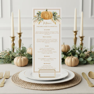 Elegantes Erntedankfest Dinner Herbst Kürbis Menükarte
