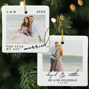 Elegantes erstes Weihnachten verheiratet Foto Keramikornament