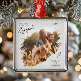 Elegantes erstes Weihnachtsfest verlobt Foto Ornament Aus Metall