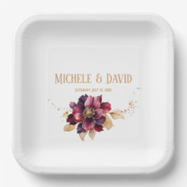 Elegantes Essen auf dem White Gold Burgundy Square Pappteller