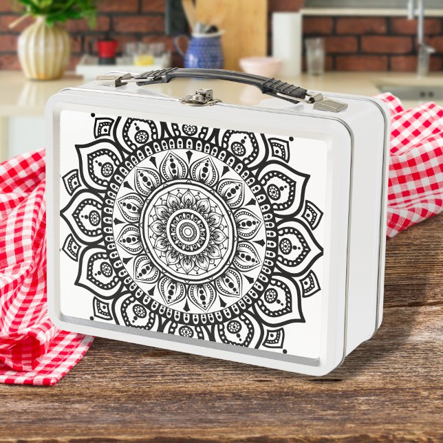 Elegantes Ethnic Black Floral Mandala Muster Metall Brotdose ( Discover our unique metal lunch boxes - featuring outstanding ethnic, mandala-inspired artwork )