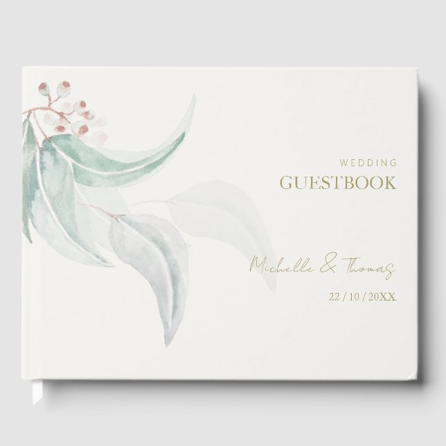 Elegantes Eucalyptus Boho Chic Golden Script Gästebuch (Vorderseite)