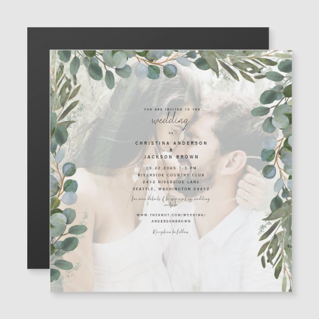 Elegantes Eucalyptus Foliage Foto Wedding Magneteinladung (Vorne/Hinten)
