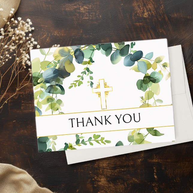 Elegantes Eucalyptus Gold Cross Memorial Vielen Da Dankeskarte (Elegant Eucalyptus Gold Cross Memorial Thank You Cards)