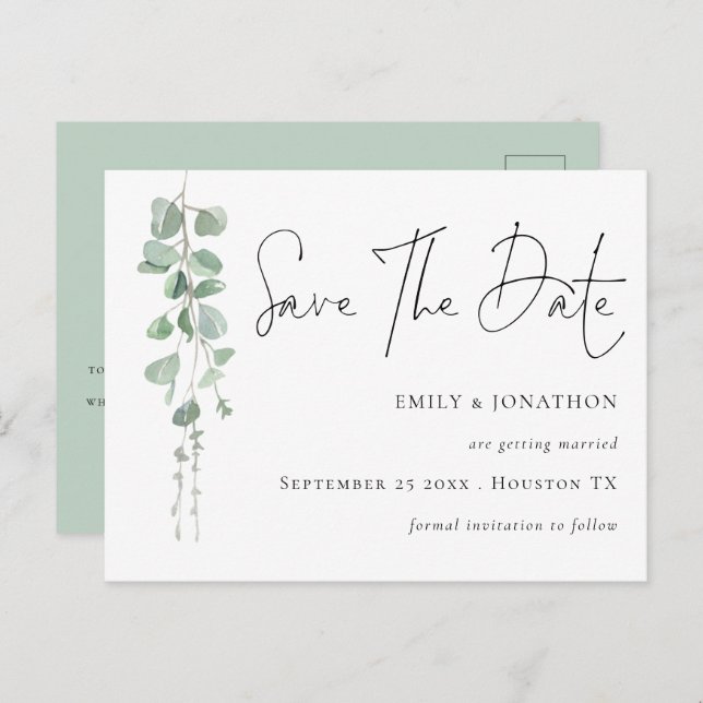 Elegantes Eucalyptus QR-Code-Skript Save the Date Postkarte (Vorne/Hinten)
